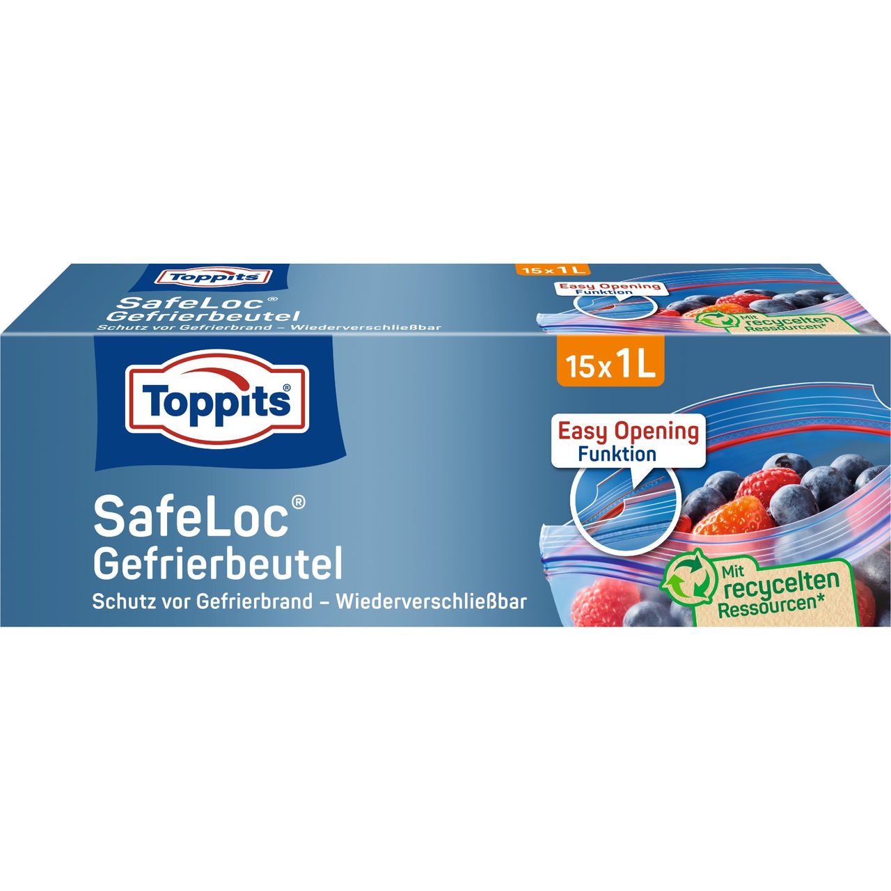 Vorderseite der Verpackung Toppits SafeLoc Beutel 1L Vorderseite der Verpackung Toppits SafeLoc Beutel 1L