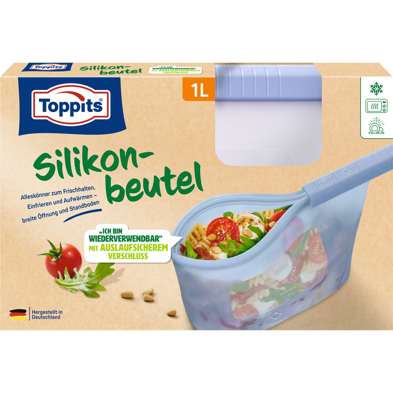 231397 6783616 4008871220523 6782965 Toppits Silikonbeutel 1L DE 025-040-460 Toppits, Silicone Bag 1L, new flash removal 2025, Packshot, DE, GS1