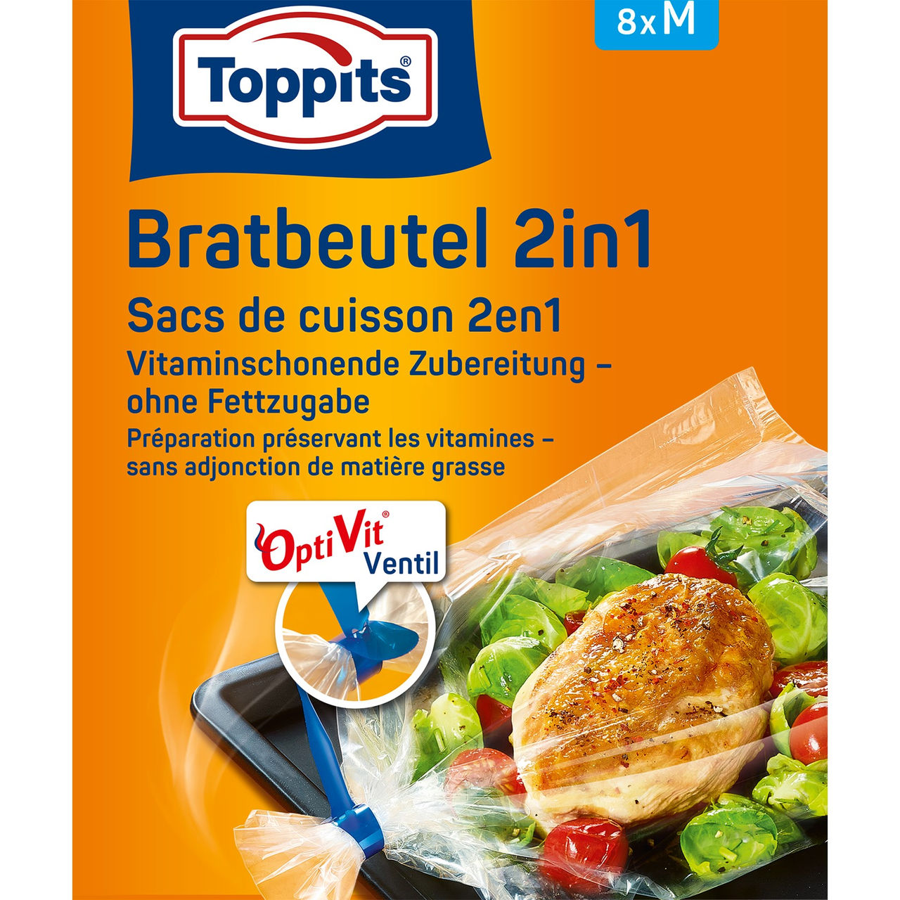 Vorderseite der Verpackung Toppits Bratbeutel 2in1 Vorderseite der Verpackung Toppits Bratbeutel 2in1